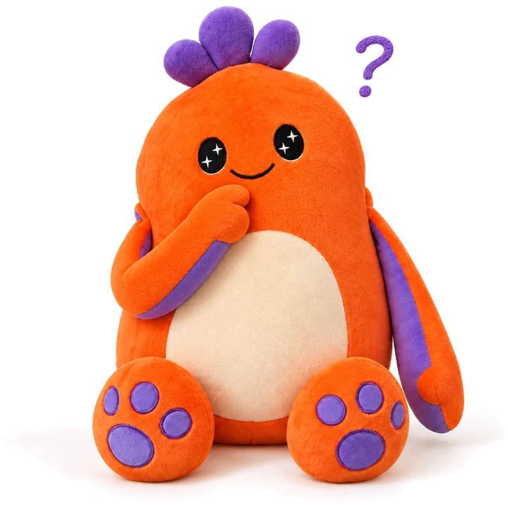 Coozie, the screen-free AI toy, thinking with a paw on its chin